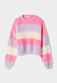 Stickad kort tröja med horisontella ränder i rosa, lavendel och kräm. Breda ärmar och en texturerad, grov väv.