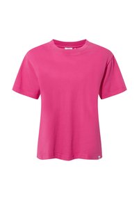 Short-sleeve t-shirt in bright pink, crafted from soft cotton. Features a classic crew neck and a straight hem. No patterns or embellishments.