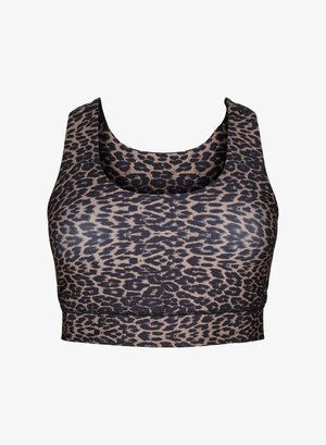 Sport-BH mit Leopardenmuster in Beige und Schwarz, ausgestattet mit einem runden Ausschnitt, breiten Trägern und einer enganliegenden, glatten Textur.
