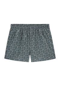 Boxeri dintr-un material gri închis, cu un model circular alb pe întreaga suprafață, cu talie elastică și o textură moale.