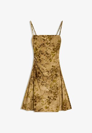 Robe à motif floral dans des tons marron doux, en tissu souple. Dotée de fines bretelles, d'un corsage ajusté et d'une jupe évasée.