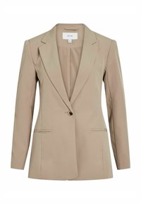 Beige přizpůsobený blazer s jednou knoflíkovou légou, klopami, dvěma předními kapsami a dlouhými rukávy. Vyrobeno z hladkého, lehkého materiálu.