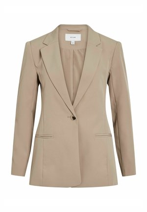 Blazer taillé beige avec une fermeture à un bouton, des revers notés, deux poches avant et des manches longues. Fabriqué à partir d'un tissu léger et lisse.