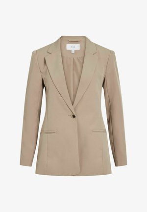 Beige skræddersyet blazer med en enkelt knaplukning, slåede klapper, to frontlommer og lange ærmer. Fremstillet af glat, letvægtsmateriale.