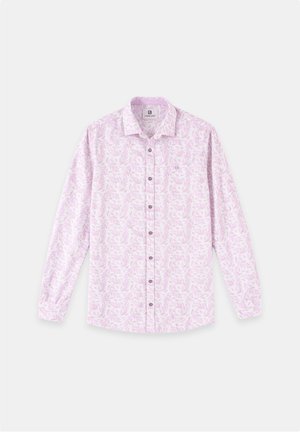 Langärmeliges Hemd zum Knöpfen mit blassem rosa und weißem Blattmuster, spitzem Kragen und einer einzelnen Brusttasche auf hellem Hintergrund.