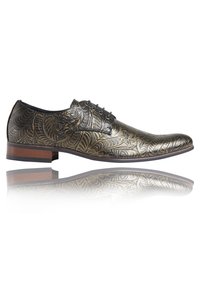 Brown and gold patterned leather dress shoe with a rounded toe, lace-up design, and a wood grain heel. Reflective surface beneath.