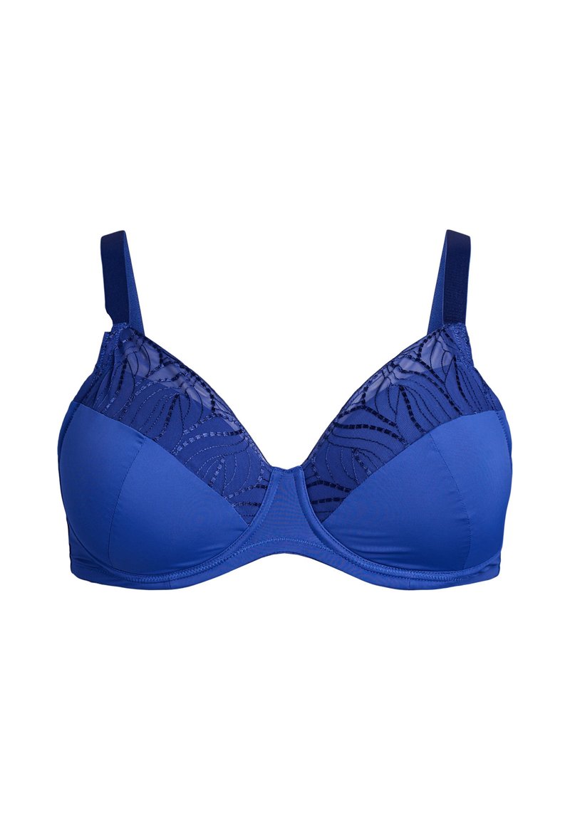 Sostén azul con una base de tela suave y un diseño de encaje en la parte superior. Tirantes finos y copas en forma triangular con acentos decorativos.