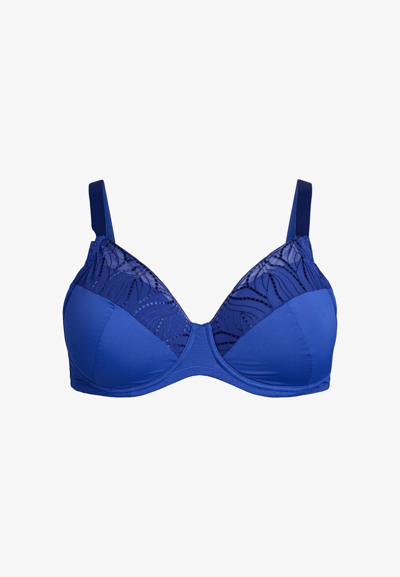 Sostén azul con una base de tela suave y un diseño de encaje en la parte superior. Tirantes finos y copas en forma triangular con acentos decorativos.