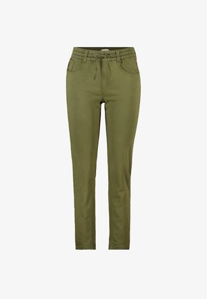 Pantalons slim-fit vert olive avec taille élastique, cordon de serrage réglable, poches avant et passants de ceinture, présentés sur fond blanc.