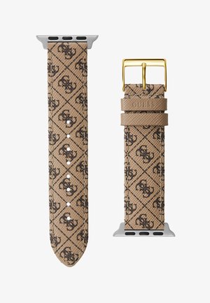 Uhrenarmband in Tan mit diamantartigem Muster, dunklen Logoakzenten, silberner Hardware und einer goldenen Schnalle. Strukturierte Oberfläche über das gesamte Armband.