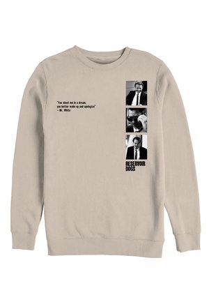 Felpa beige con tre ritratti in bianco e nero di un uomo in abito, una citazione di Mr. White e la scritta "RESERVOIR DOGS".