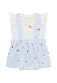 Top in cotone bianco con maniche a volant, gonna a righe blu e bianche con stampa di ciliegie, spalline regolabili e chiusura a pressione sul fondo.