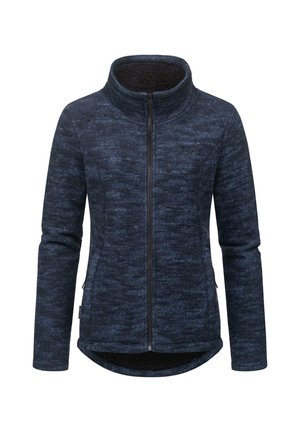 Veste en polaire bleu foncé avec un col haut, fermeture éclair sur toute la longueur, poches latérales et un motif texturé sur l'ensemble. Doublure intérieure douce.