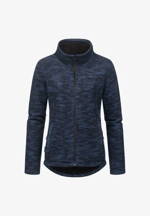 Fleece bunda tmavě modré barvy s vysokým límcem, plným zipem na přední straně, bočními kapsami a texturovaným vzorem po celém povrchu. Měkká vnitřní podšívka.