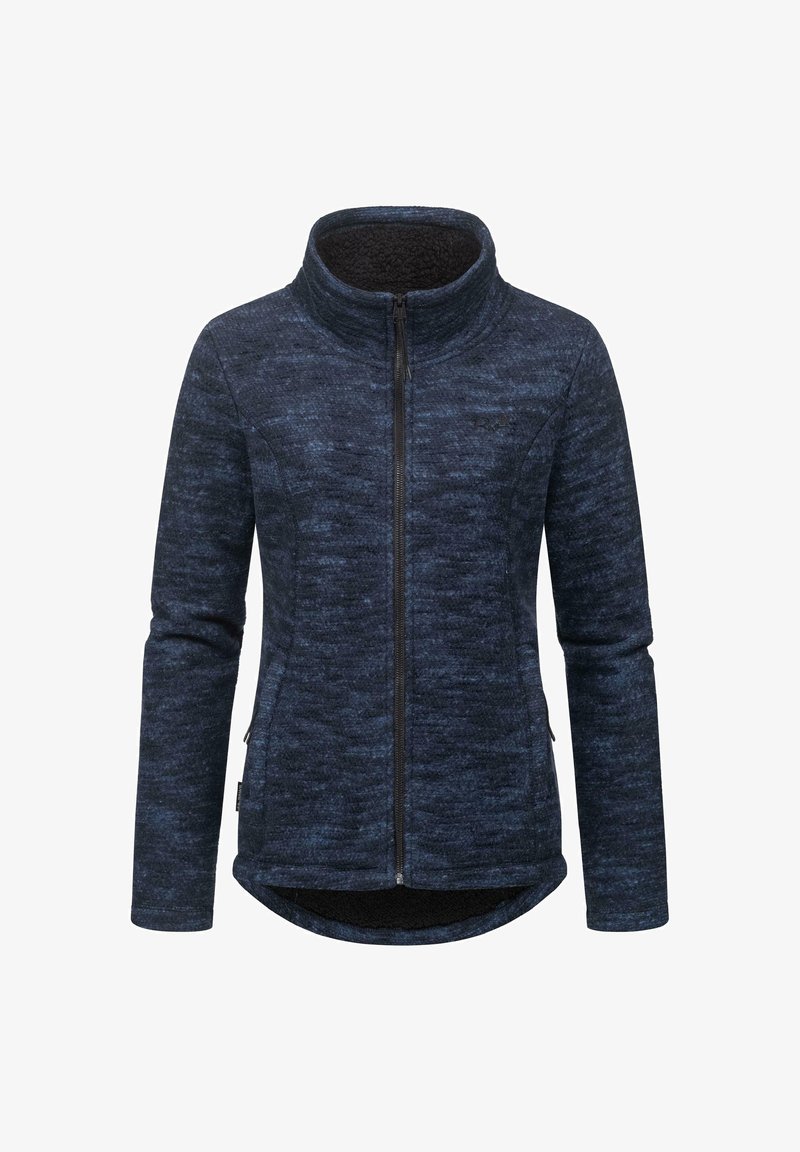 Pletena jakna u tamnoplavoj boji s visokim ovratnikom, punim prednjim zatvaračem, bočnim džepovima i teksturiranim uzorkom po cijeloj površini. Mekana unutarnja podstava.