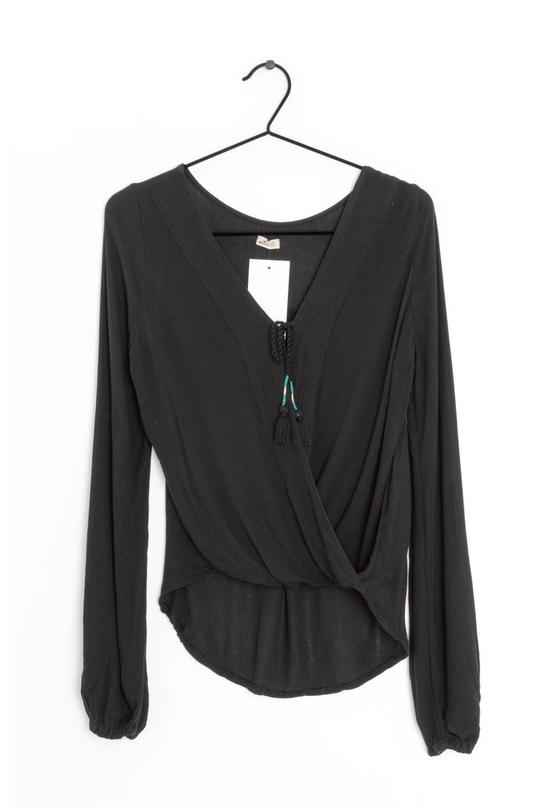 Black long-sleeve blouse with a deep V-neck, gathered waist, and adjustable tie with tassels. Made from lightweight, textured fabric.