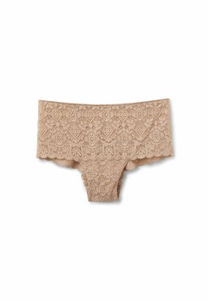 Krajkové hipster kalhotky ve světle hnědé barvě s květinovými vzory, zvlněnými okraji a texturovaným povrchem. Měkká, elastická tkanina s přiléhavým střihem.