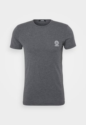 Gray short-sleeve T-shirt made of cotton, featuring a crew neckline and a white embroidered Versace logo on the left chest.