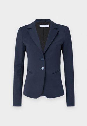 Blazer navy in tessuto liscio con colletto a revers, design a un bottone, due bottoni e due tasche frontali con cuciture sottili.
