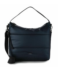 Bolso de hombro acolchado en color azul marino con una superficie texturizada, una asa superior única y una correa cruzada ajustable. Accesorios de hardware en color plata.