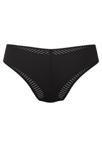 Zwarte bikini-stijl ondergoed met diagonale doorschijnende streepjespatronen over de stof en langs de randen op een witte achtergrond.