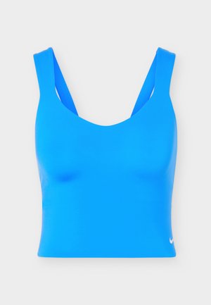 Felblauwe, mouwloze atletische crop top met brede schouderbanden en een klein wit Nike-logo aan de rechteronderzijde.
