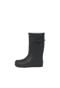 Botte de pluie en caoutchouc noir avec une doublure en polaire blanche, bout arrondi et détail de boucle sur le côté. Dispose d'une semelle texturée pour une meilleure adhérence.