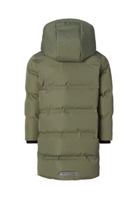 Olivgrüne Steppjacke mit Kapuze, mit gestepptem Muster, schwarzen Akzenten an den Bündchen und einem Logo-Tag am Saum.