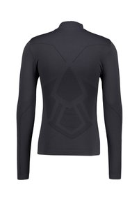 Langärmliges schwarzes Sportshirt mit einem strukturierten Spinnenemblem auf dem Rücken. Glatte Stoffqualität mit figurbetontem Design und nahtloser Verarbeitung.