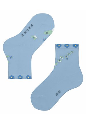 Lichtblauwe enkelsokken met bloemenpatronen in groen en blauw, met gele accenten. Zachte textuur met geribbelde manchetten. Maat 27-30.