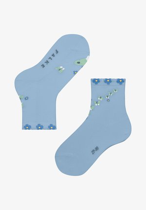 Himmelblaues Knöchelsockenset mit floralen Mustern in Grün und Blau, versehen mit gelben Akzenten. Weicher Stoff mit geripptem Bündchen. Größe 27-30.