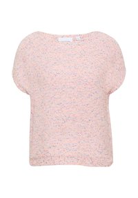 Kortemouwen, pastelpink gebreid trui met gevlekt patroon in blauw en oranje. Zachte textuur, wijd decolleté en ontspannen pasvorm.