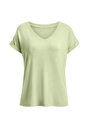 Light green short-sleeve V-neck T-shirt with rolled cuffs, made of soft, slightly textured fabric, displayed on a white background.