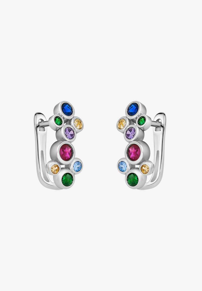 Bunte Juwelen-Tropfenohrstecker mit runden Edelsteinen in Grün, Blau, Lila, Rot und Gelb, gefasst in einem silberfarbenen Metalldesign.