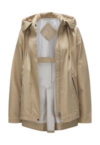 Beige wasserdichte Jacke mit Kapuze, Frontreißverschluss und Seitentaschen. Das Innere verfügt über ein Netzfutter und ein Wetterschutzetikett.