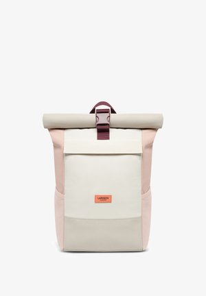 Roll-top backpack in muted cream, pink, and grey. Features adjustable burgundy straps and a front pocket with an orange label. Smooth texture.
