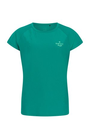 Turkoois T-shirt met korte mouwen en ronde hals, met een klein lichtgroen "Protest" logo en zonafbeelding op de linkerborst.