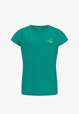 Teal short-sleeve crew neck t-shirt with small light green "Protest" logo and sun graphic on the left chest.