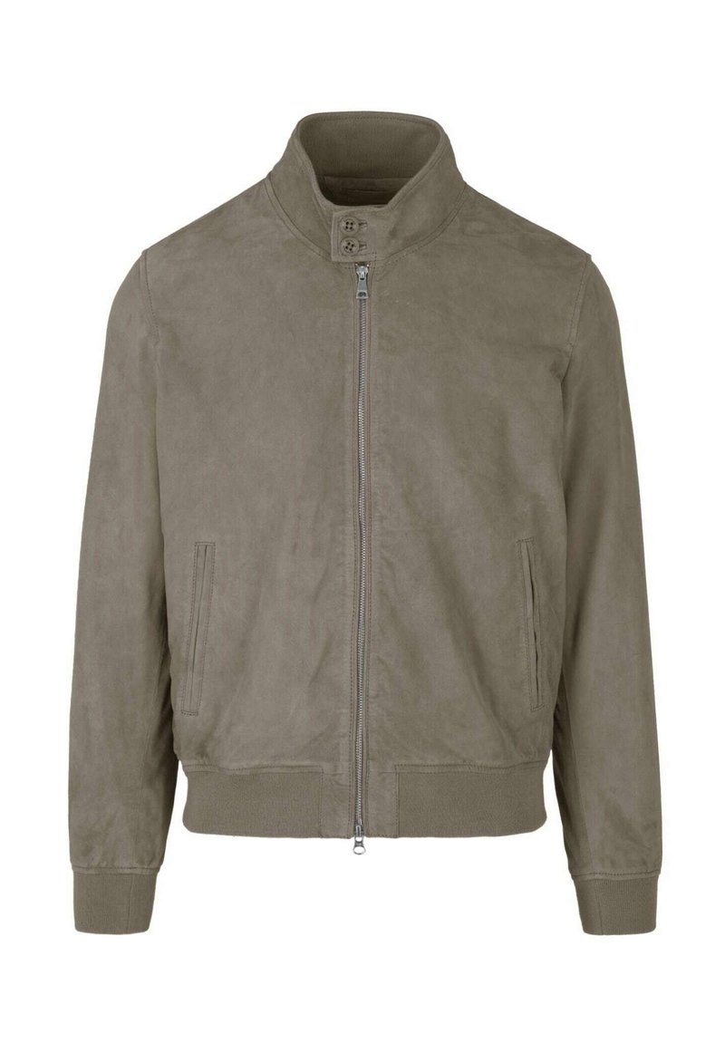 Giacca verde oliva con colletto rigido, chiusura con zip e due tasche laterali, realizzata in morbido materiale simile alla pelle scamosciata con polsini a coste.