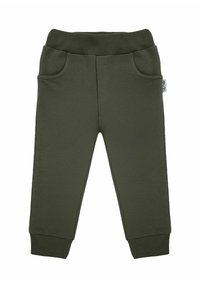 Ciemnozielone spodnie dresowe wykonane z miękkiego materiału, z elastycznym pasem, dwoma bocznymi kieszeniami oraz ściągaczami przy nogawkach zapewniającymi dopasowanie.