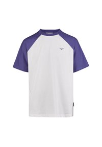 White t-shirt with purple raglan sleeves. Features a round neckline and small logo on the chest. Made from soft cotton fabric.