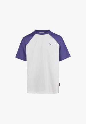 White t-shirt with purple raglan sleeves. Features a round neckline and small logo on the chest. Made from soft cotton fabric.