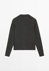 Ciemnoszary sweter dziany z okrągłym dekoltem, długimi rękawami oraz ściągaczami na mankietach i dole. Gładka faktura, minimalistyczny design, gładkie tylne widok.