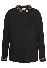 Camisetta nera con maniche lunghe e un tessuto strutturato. Presenta un colletto ricamato a fiori e polsini, con chiusura frontale a bottoni.