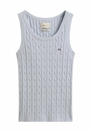 Lichtblauw gebreid tanktop met verticaal kabelpatroon en klein geborduurd logo op de linkerborst, gelabeld GANT, stretch katoen materiaal.