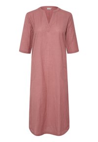 Rosenfarbenes Leinenkleid mit V-Ausschnitt, kurzen Ärmeln und seitlichen Taschen. Hat einen geraden Schnitt und eine weiche Textur.