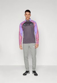 Gray athletic pants with a black logo, paired with a half-zip pullover featuring purple patterned sleeves and dark gray body.
