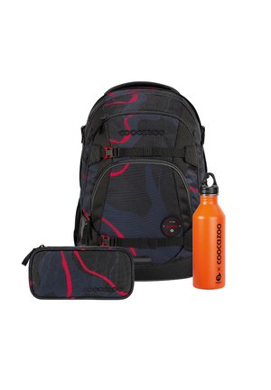 Camo print backpack in black, red, and gray, with adjustable straps, zippered pouch, and orange water bottle. Durable fabric and structured design.