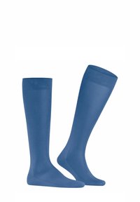 Calze blu fino al ginocchio realizzate in un materiale liscio e elastico; con dettagli a coste nella parte superiore e punta rinforzata.
