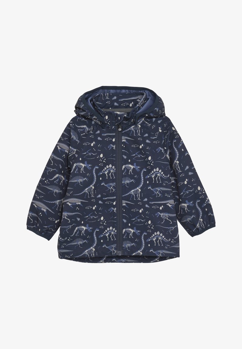 Marinefarbenen Regenjacke im Dinosaurierskelett-Muster, mit Kapuze, Frontreißverschluss und elastischen Bündchen. Glatte Textur, leichtes Material.